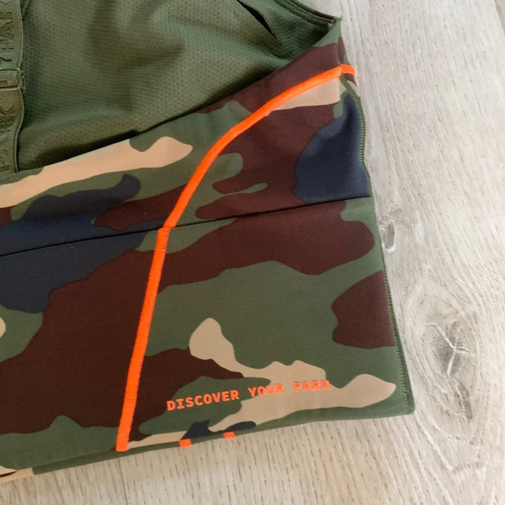 Adidas x Ivy Park Camo Sports Bra Neon Orange Piping Green Brown Camouflage